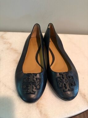 Tory Burch Black Logo Leather Ballet Flats